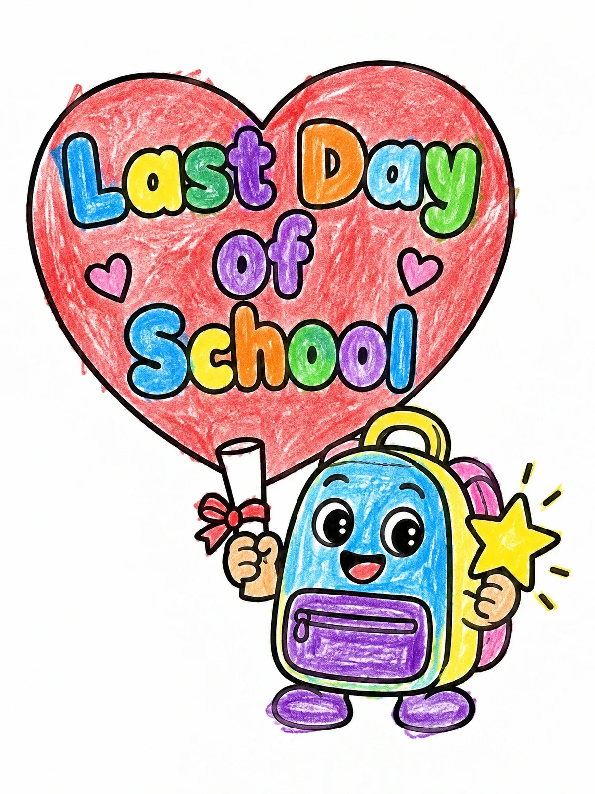 Colored example of the Happy Backpack Last Day Of School coloring page