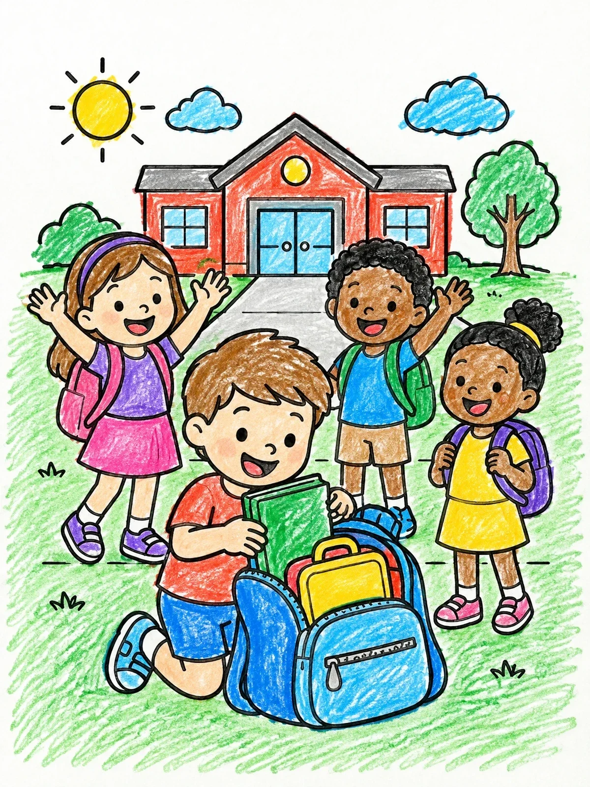 Colored example of the Happy Students On School Yard coloring page