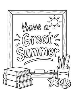 An end of school coloring page featuring a chalkboard message with books and seashells.