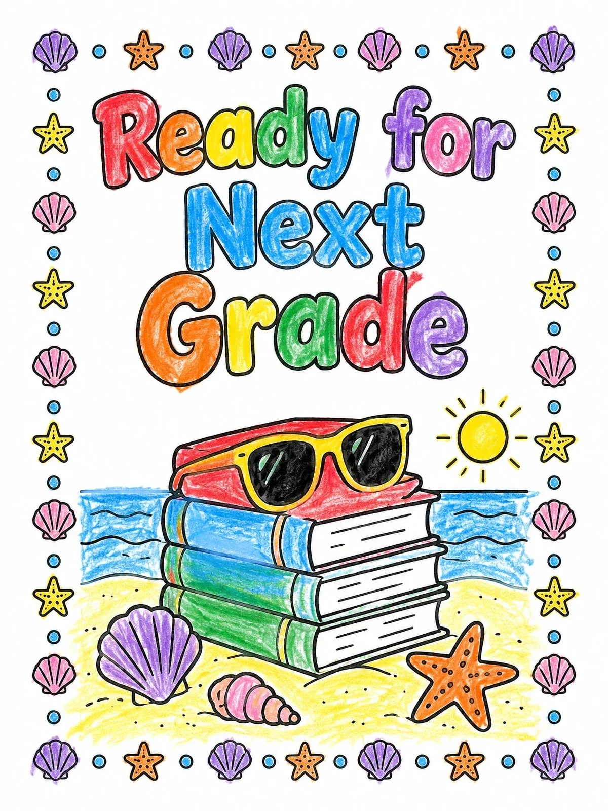 Colored example of the Ready For Next Grade Beach Books coloring page