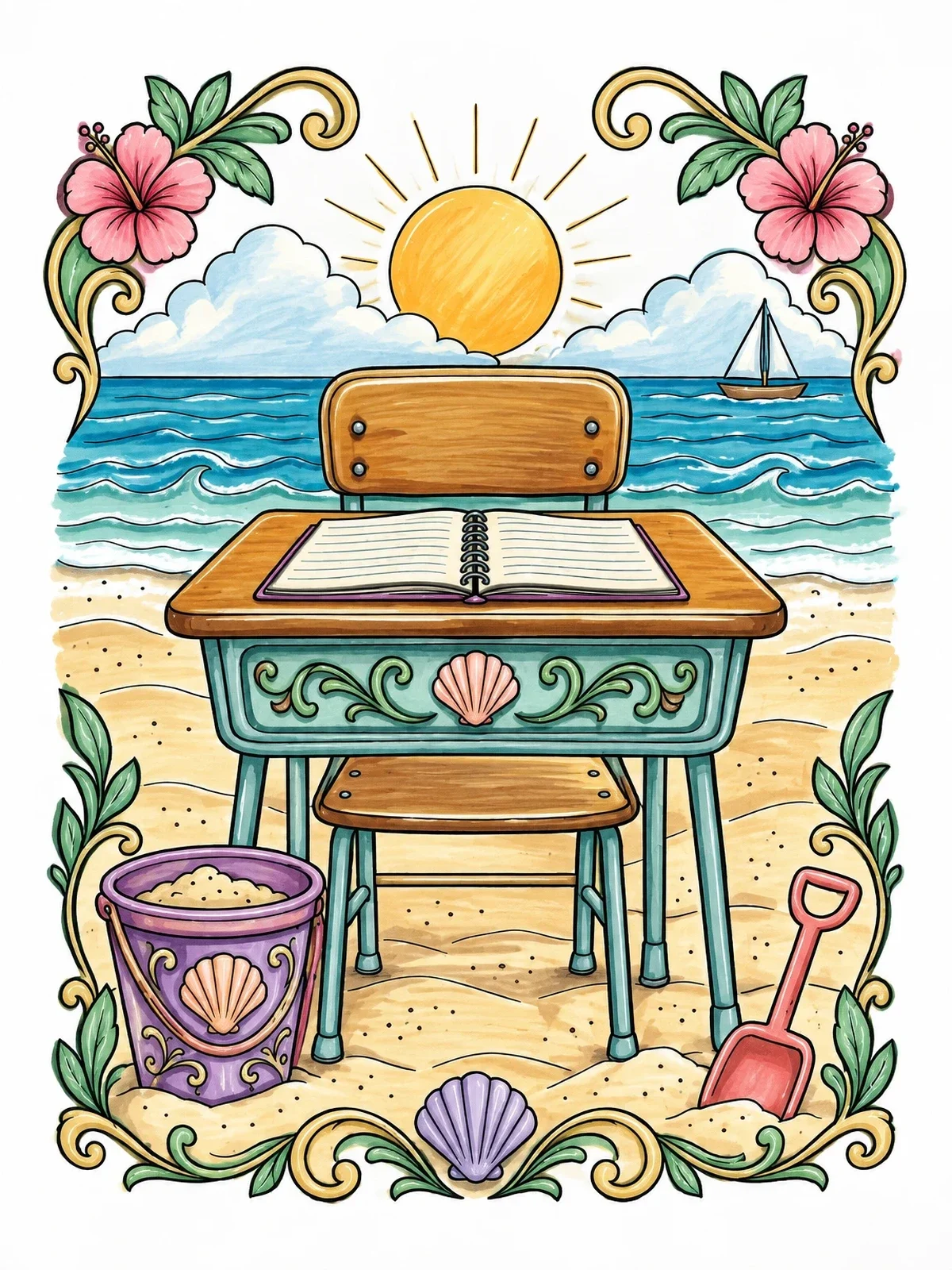 Colored example of the School Desk On The Beach coloring page