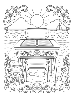 A sunny seaside scene with a desk in this end of school coloring page.