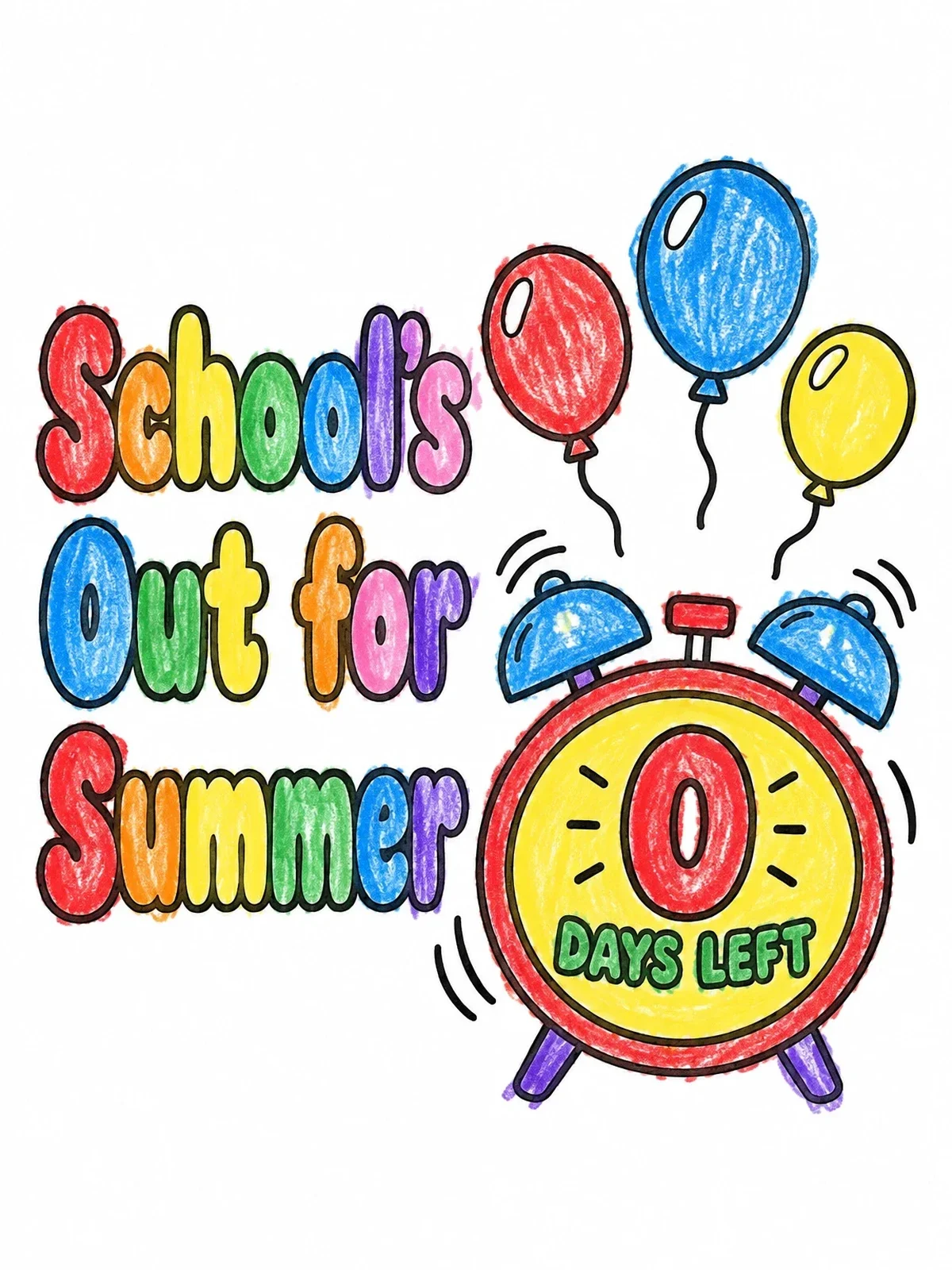 Colored example of the School Out Alarm Clock And Balloons coloring page