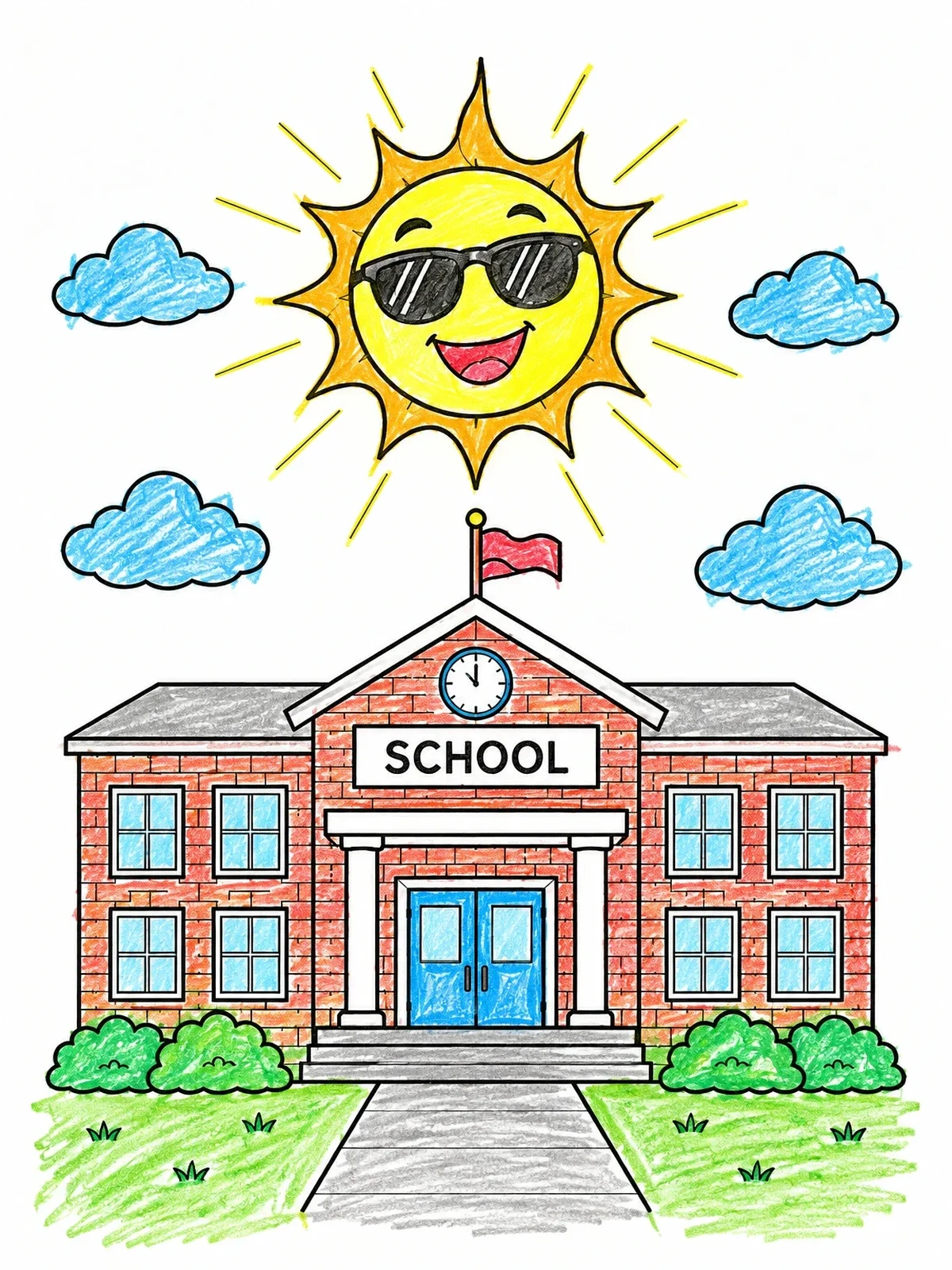 Colored example of the Sunny Day At The Schoolhouse coloring page