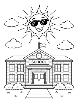 A happy sun with sunglasses shines over a school building in this end of school coloring page.