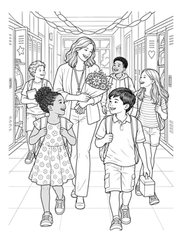 Happy students walk with their teacher in an end of school coloring page.