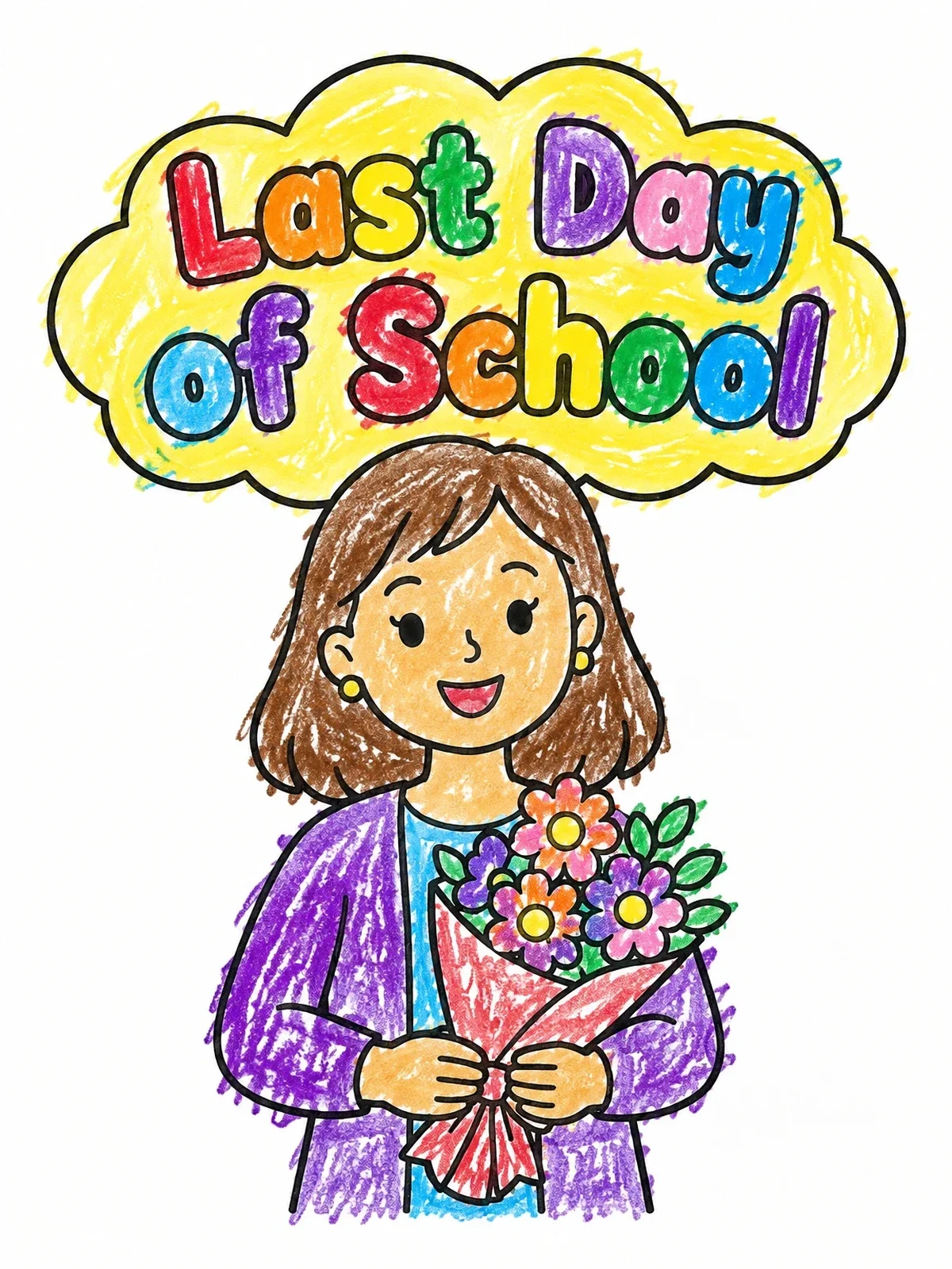 Colored example of the Smiling Teacher With Flower Bouquet coloring page