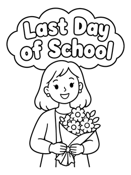 A cheerful teacher holding flowers on this end of school coloring page.