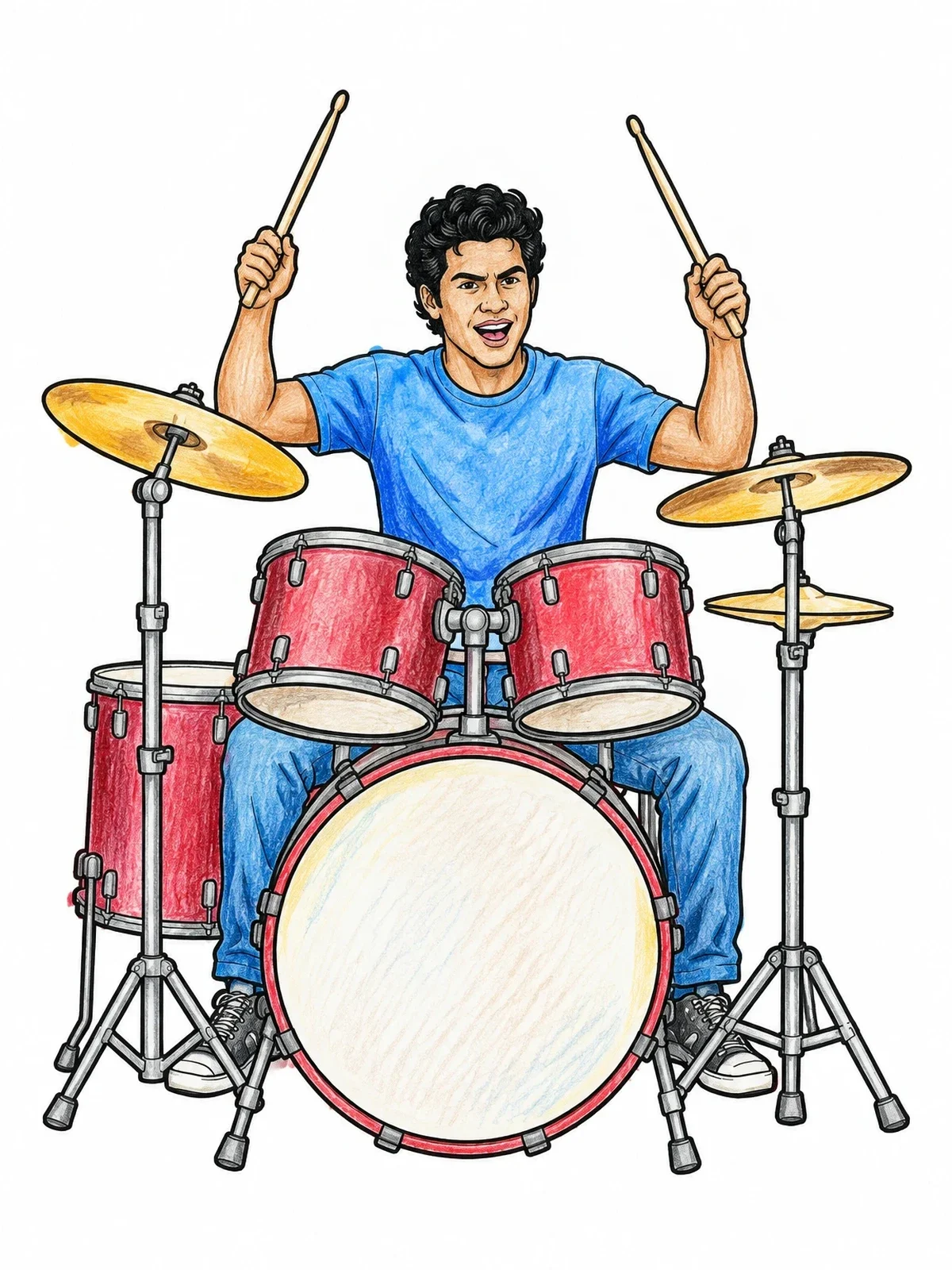 Colored example of the Energetic Drummer At Drum Kit coloring page
