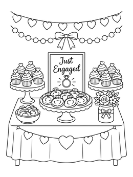 A sweet engagement coloring page featuring cupcakes, ring cookies, and garlands on a party table.