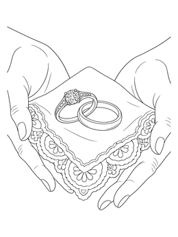 Hands holding wedding bands on lace in this engagement coloring page.