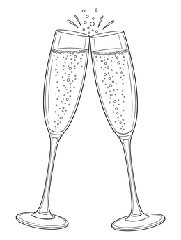 A sparkling toast on this engagement coloring page featuring two clinking champagne flutes.