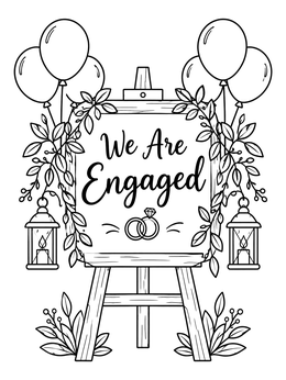 An easel sign celebrating love in this engagement coloring page with balloons and lanterns.