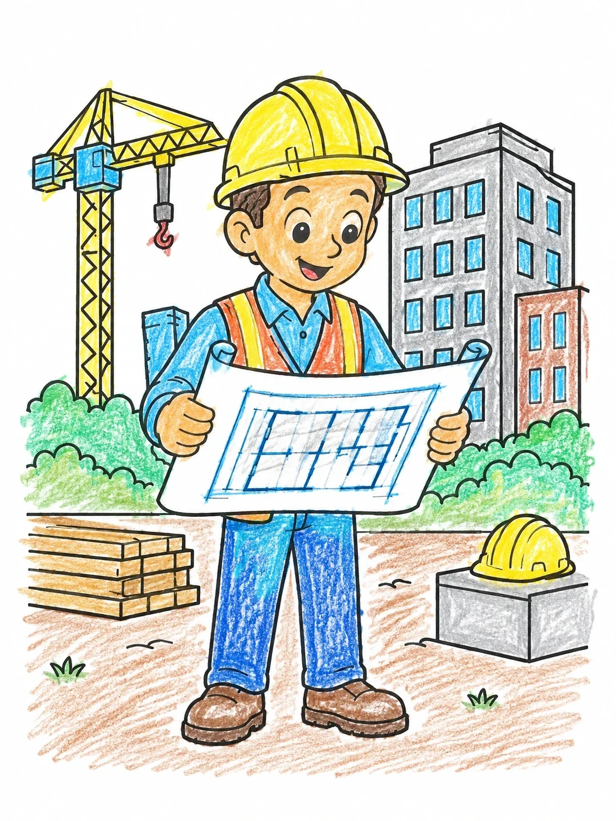 Colored example of the Smiling Engineer With Blueprint On Construction Site coloring page