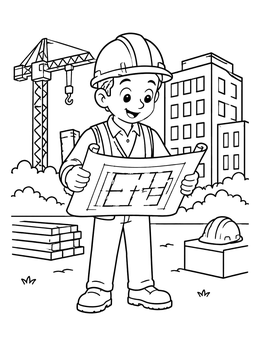 Free printable Smiling Engineer With Blueprint On Construction Site coloring page
