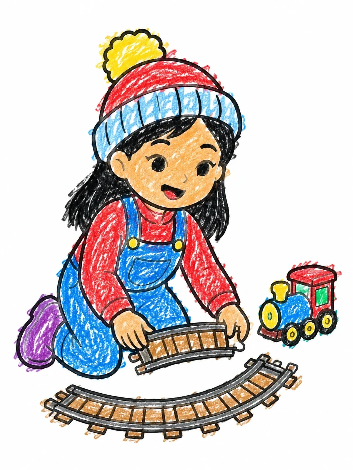 Colored example of the Child Assembling Toy Train Tracks coloring page