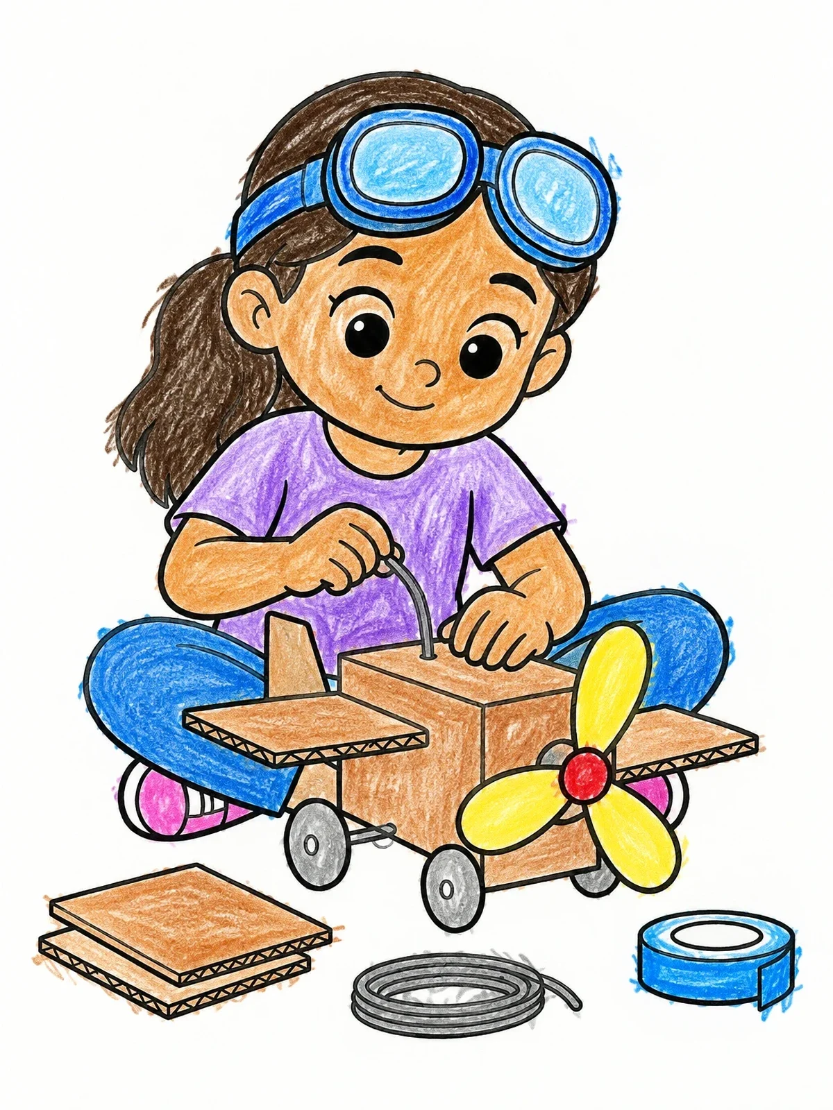 Colored example of the Little Girl Building A Cardboard Airplane coloring page