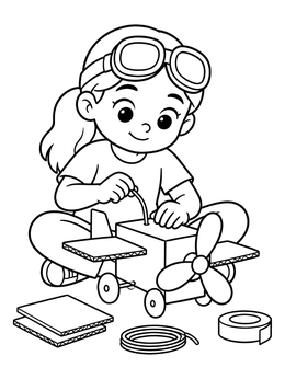 Free printable Little Girl Building A Cardboard Airplane coloring page
