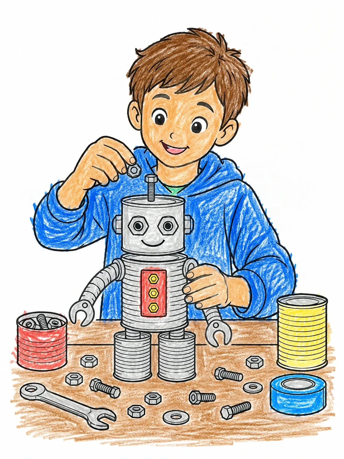 Colored example of the Young Boy Building A Tin Can Robot coloring page