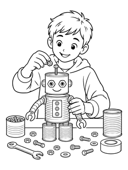 Free printable Young Boy Building A Tin Can Robot coloring page