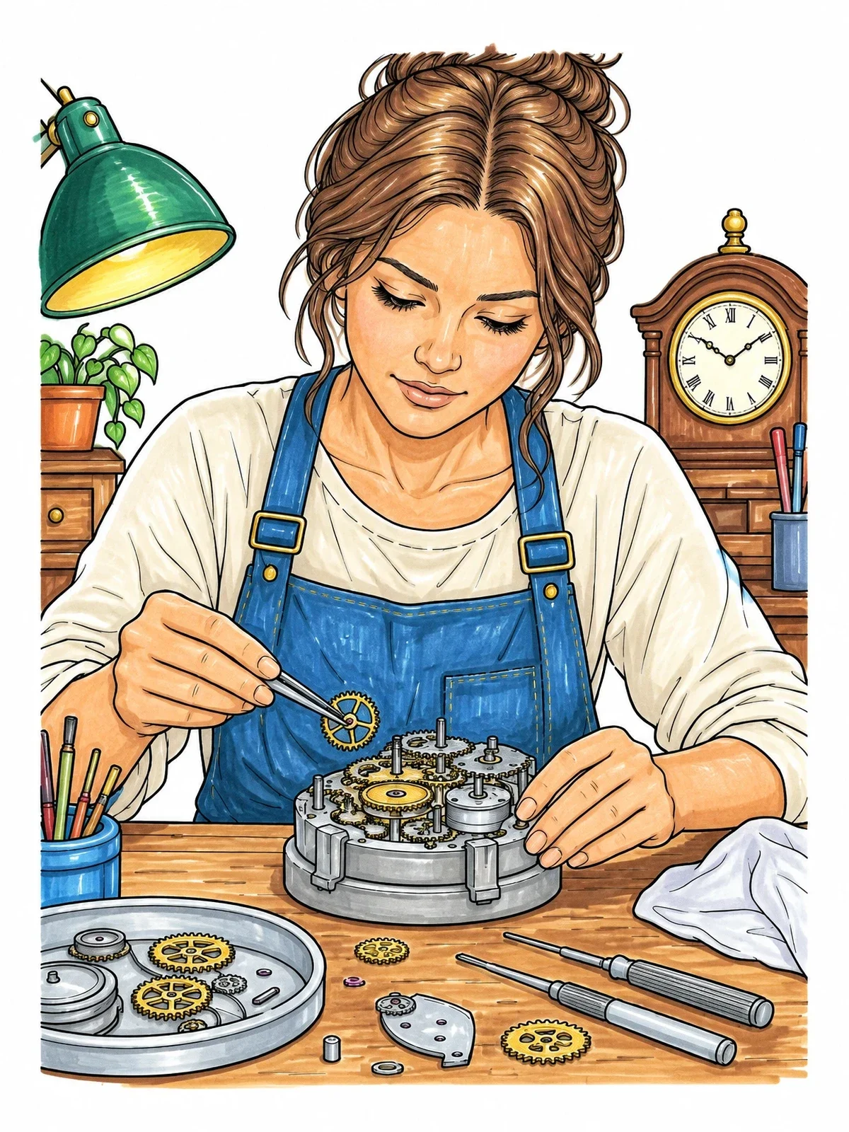 Colored example of the Young Watchmaker Repairing Clockwork Mechanism coloring page