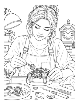 Free printable Young Watchmaker Repairing Clockwork Mechanism coloring page
