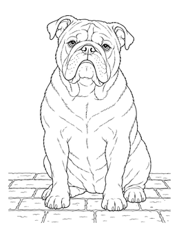 A realistic dog coloring page featuring a wrinkly English bulldog sitting on stone pavers.