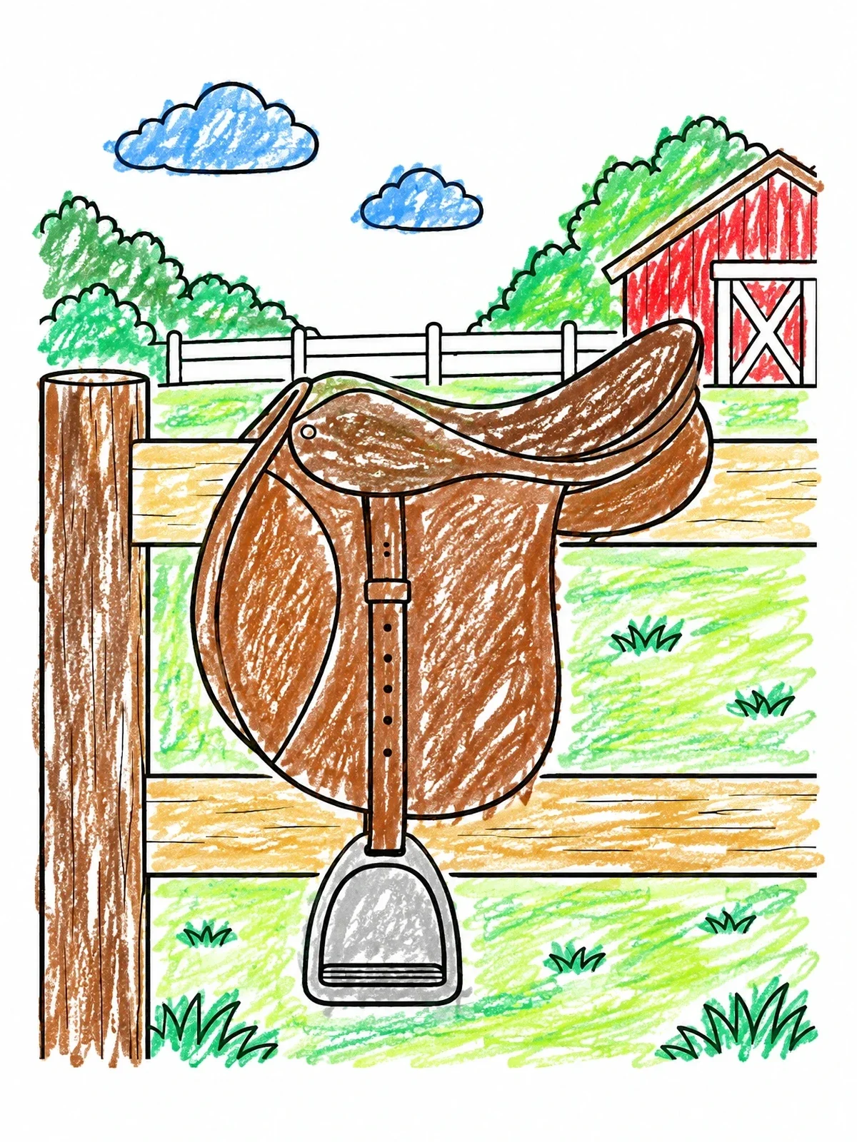 Colored example of the English Riding Saddle On Fence coloring page