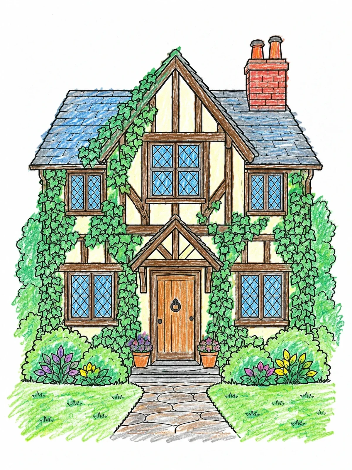 Colored example of the English Tudor Ivy Cottage coloring page