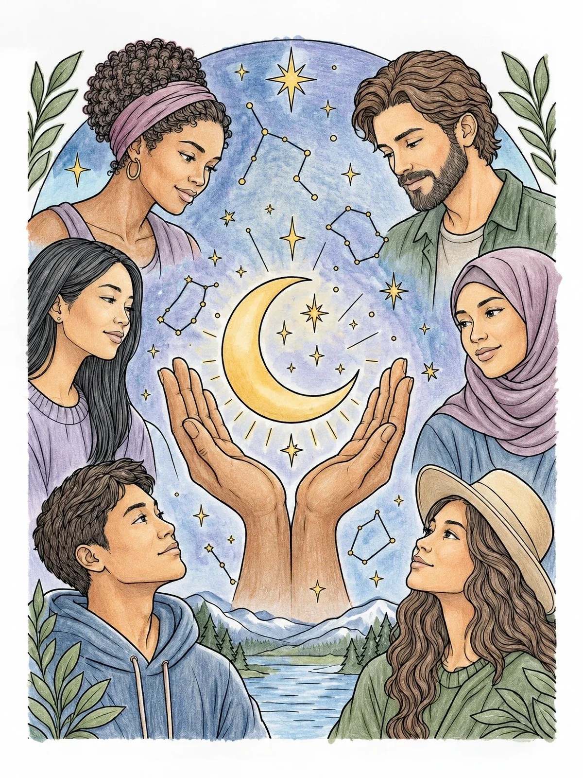Colored example of the Celestial Moon And Diverse Observers coloring page