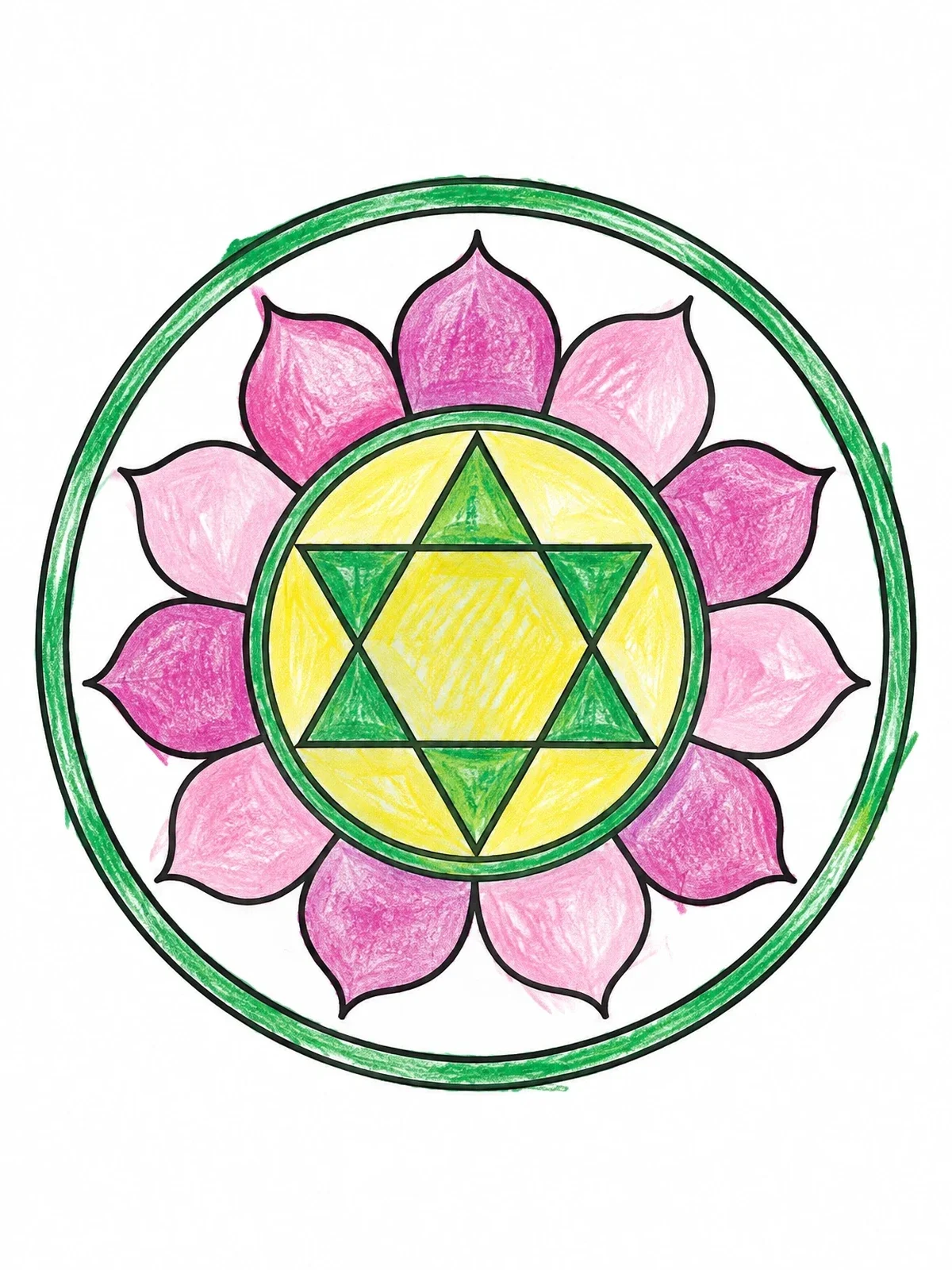 Colored example of the Heart Chakra Lotus Mandala Wheel coloring page