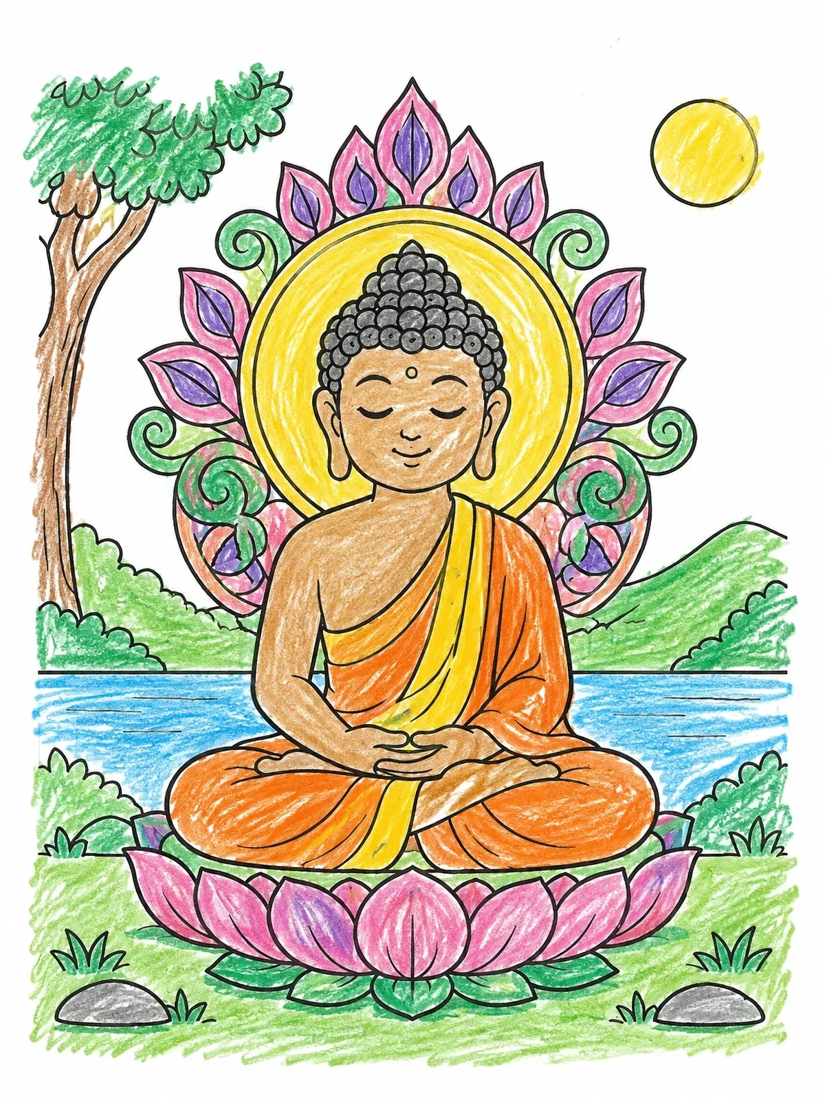 Colored example of the Meditating Buddha On Lotus Flower coloring page