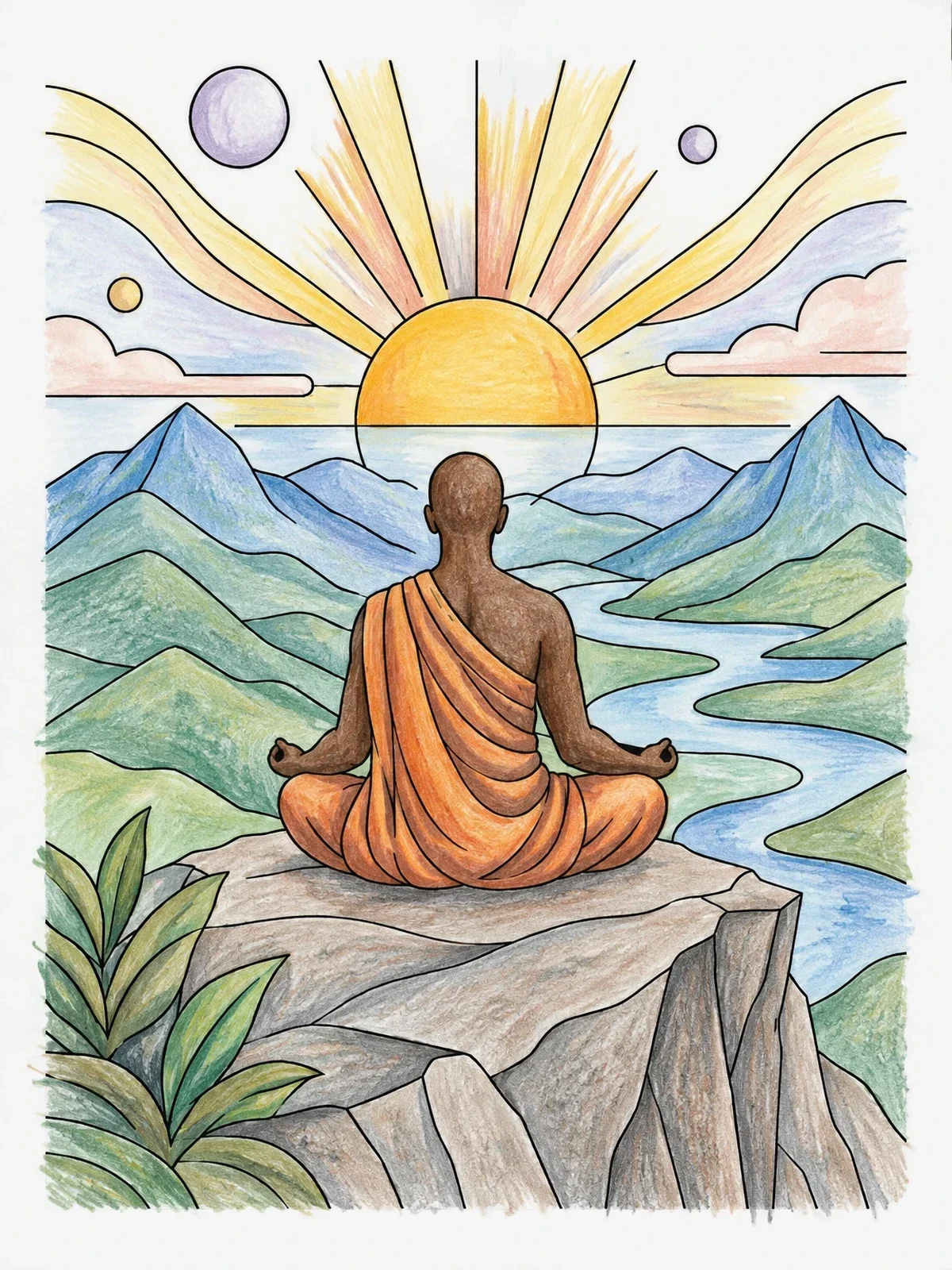 Colored example of the Meditating Monk On Mountain Peak coloring page