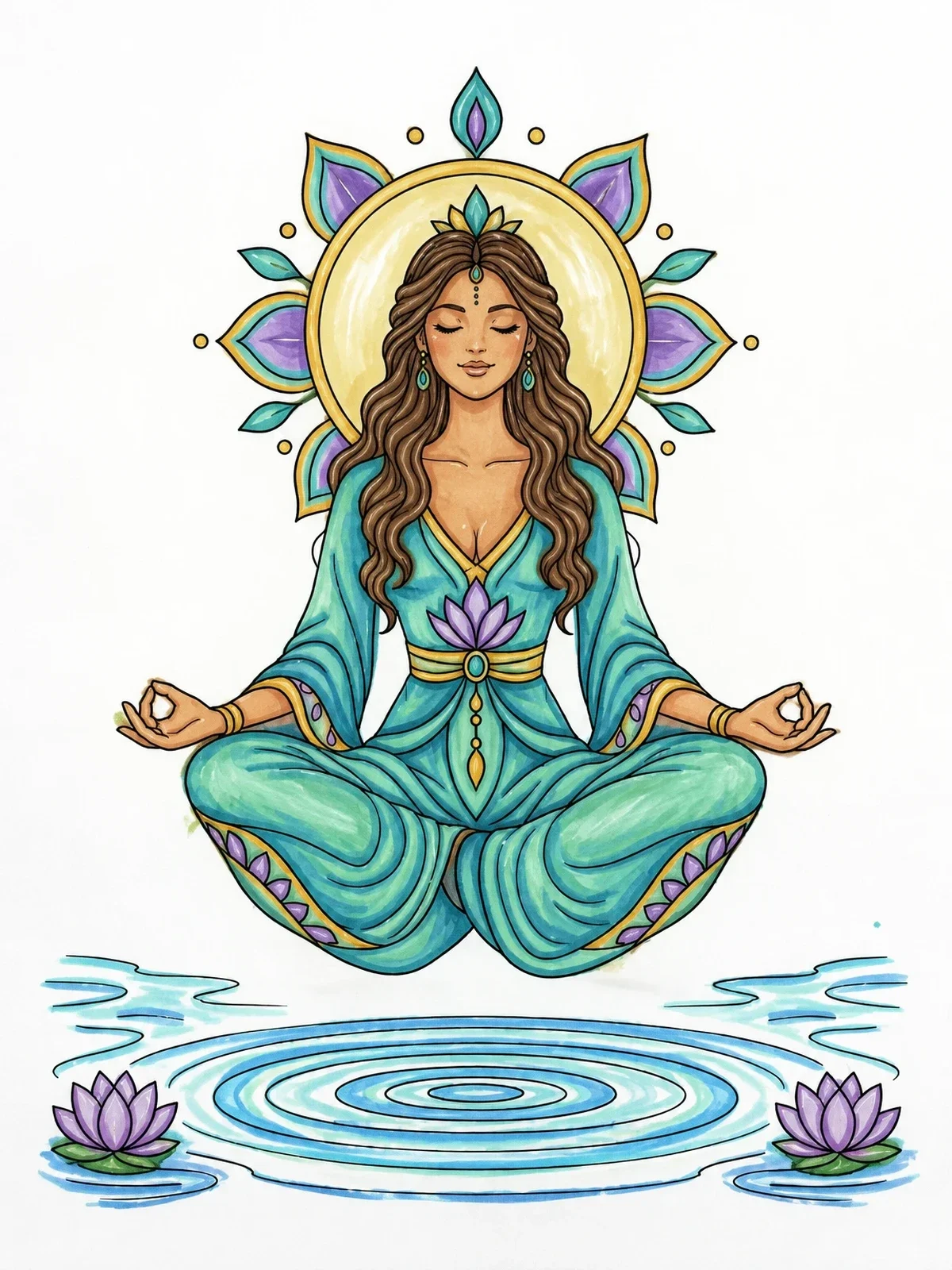 Colored example of the Meditating Woman Floating Above Water coloring page