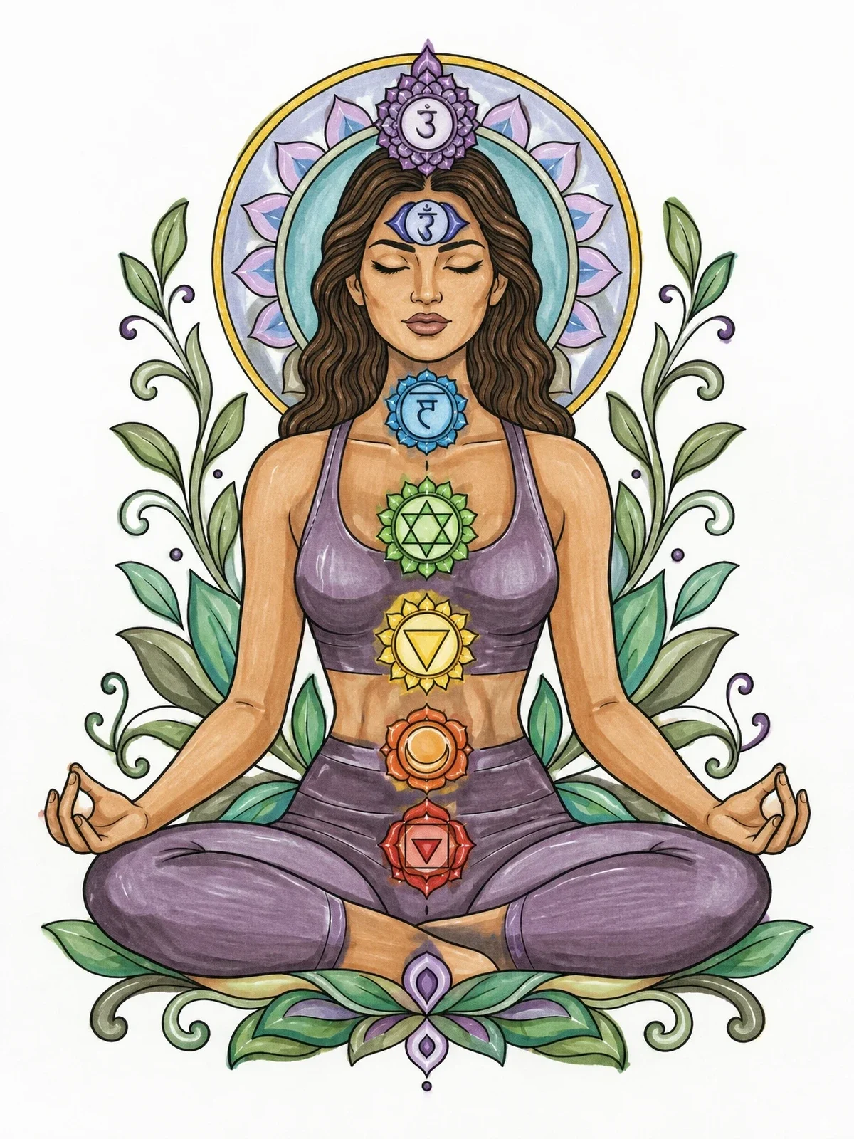 Colored example of the Meditating Woman With Seven Chakras coloring page