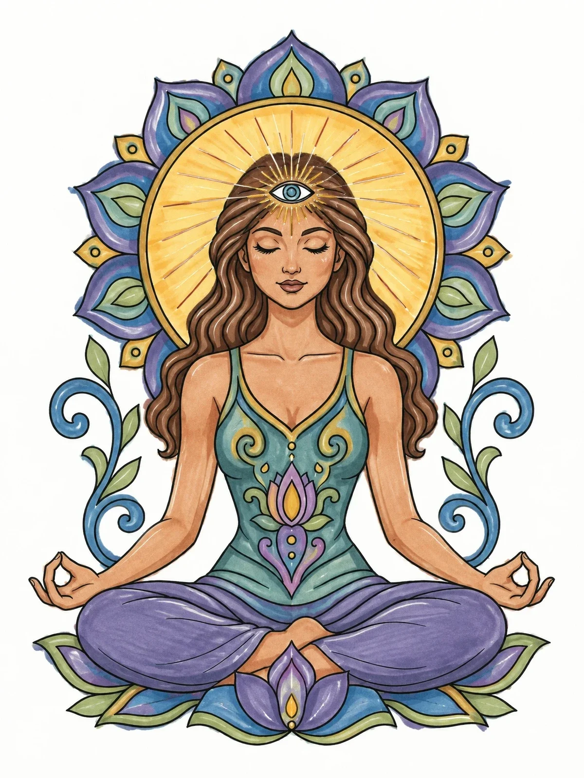 Colored example of the Meditating Woman With Third Eye coloring page