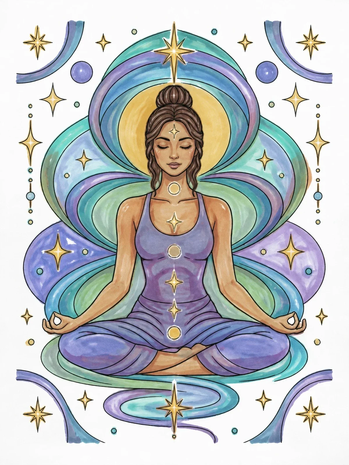Colored example of the Meditating Yogi With Aura And Stars coloring page