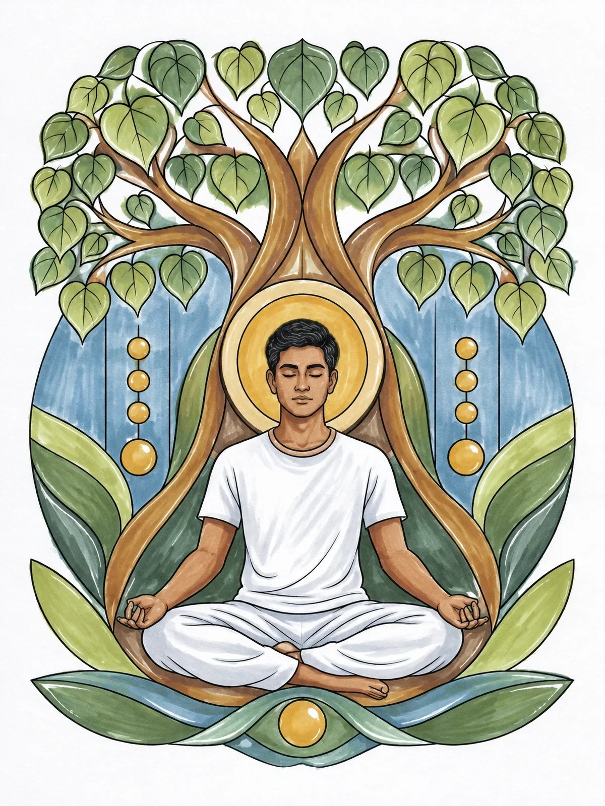 Colored example of the Meditation Under The Sacred Bodhi Tree coloring page