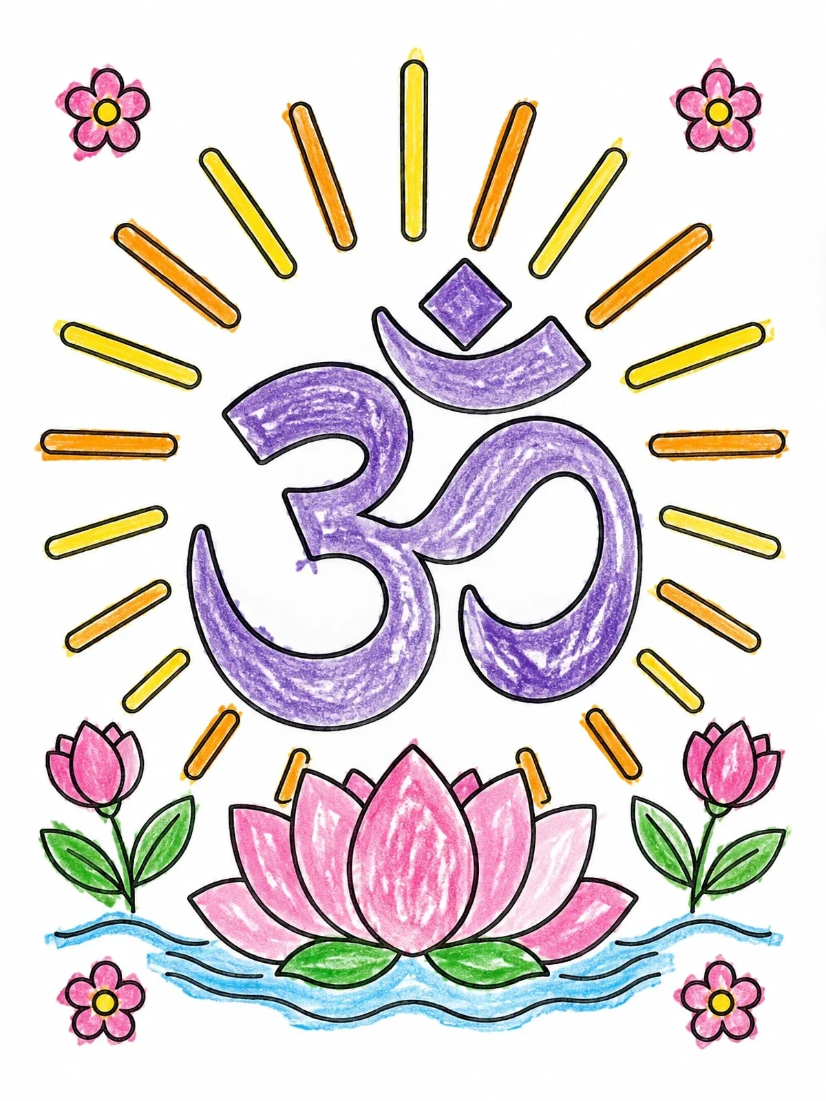 Colored example of the Om Symbol With Lotus And Sunbeams coloring page