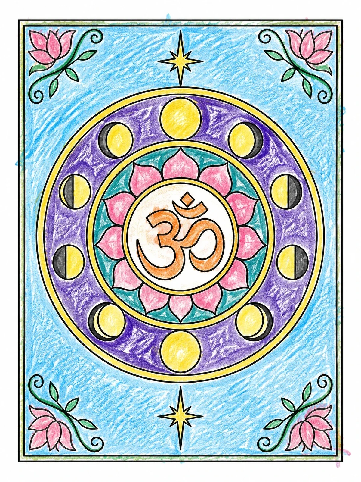 Colored example of the Sacred Om Symbol With Moon Phases coloring page
