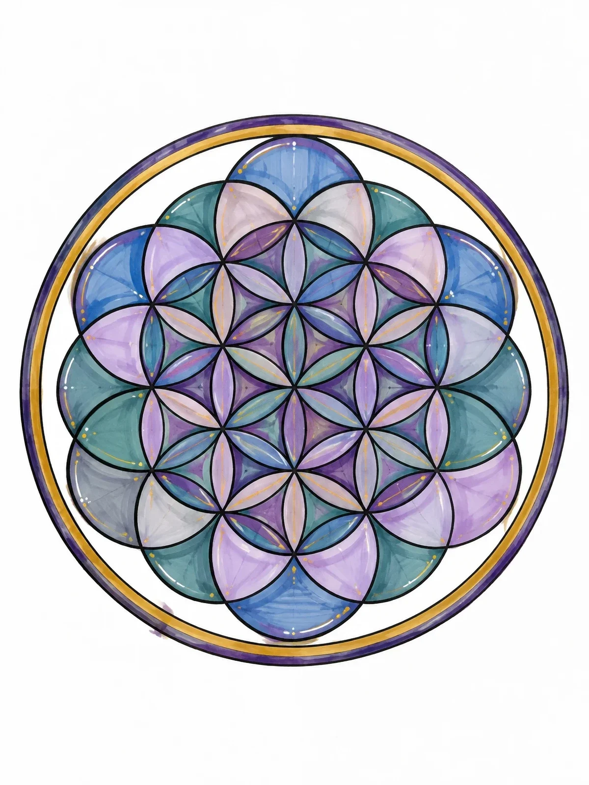 Colored example of the Sacred Geometry Flower Of Life coloring page