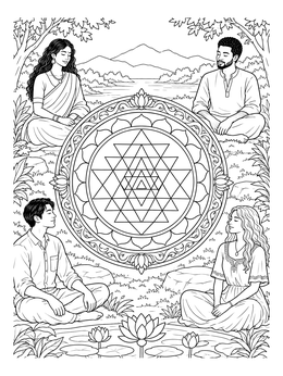 Free printable Sri Yantra Mandala With Meditating People coloring page