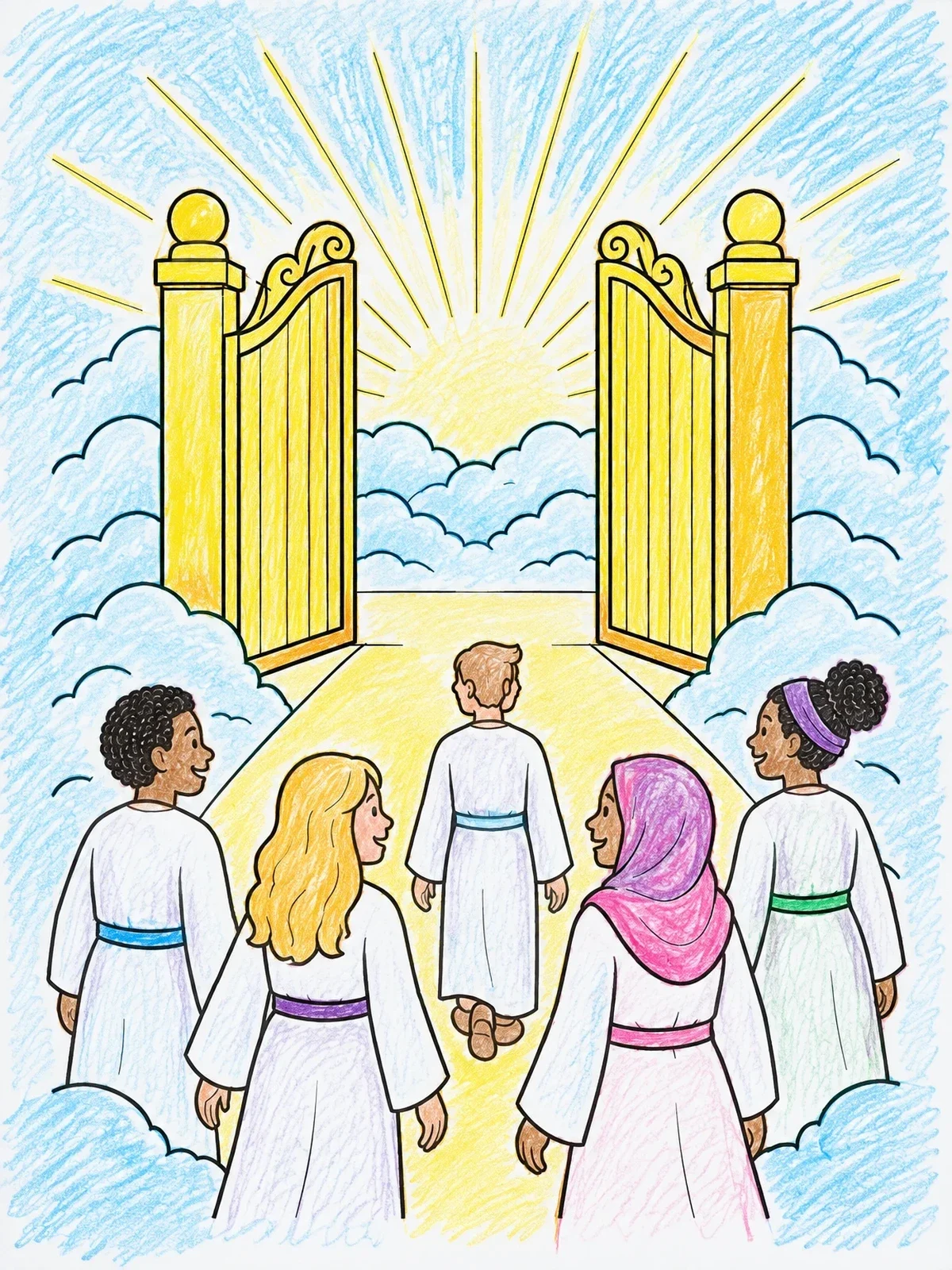 Colored example of the Entering The Open Pearly Gates coloring page