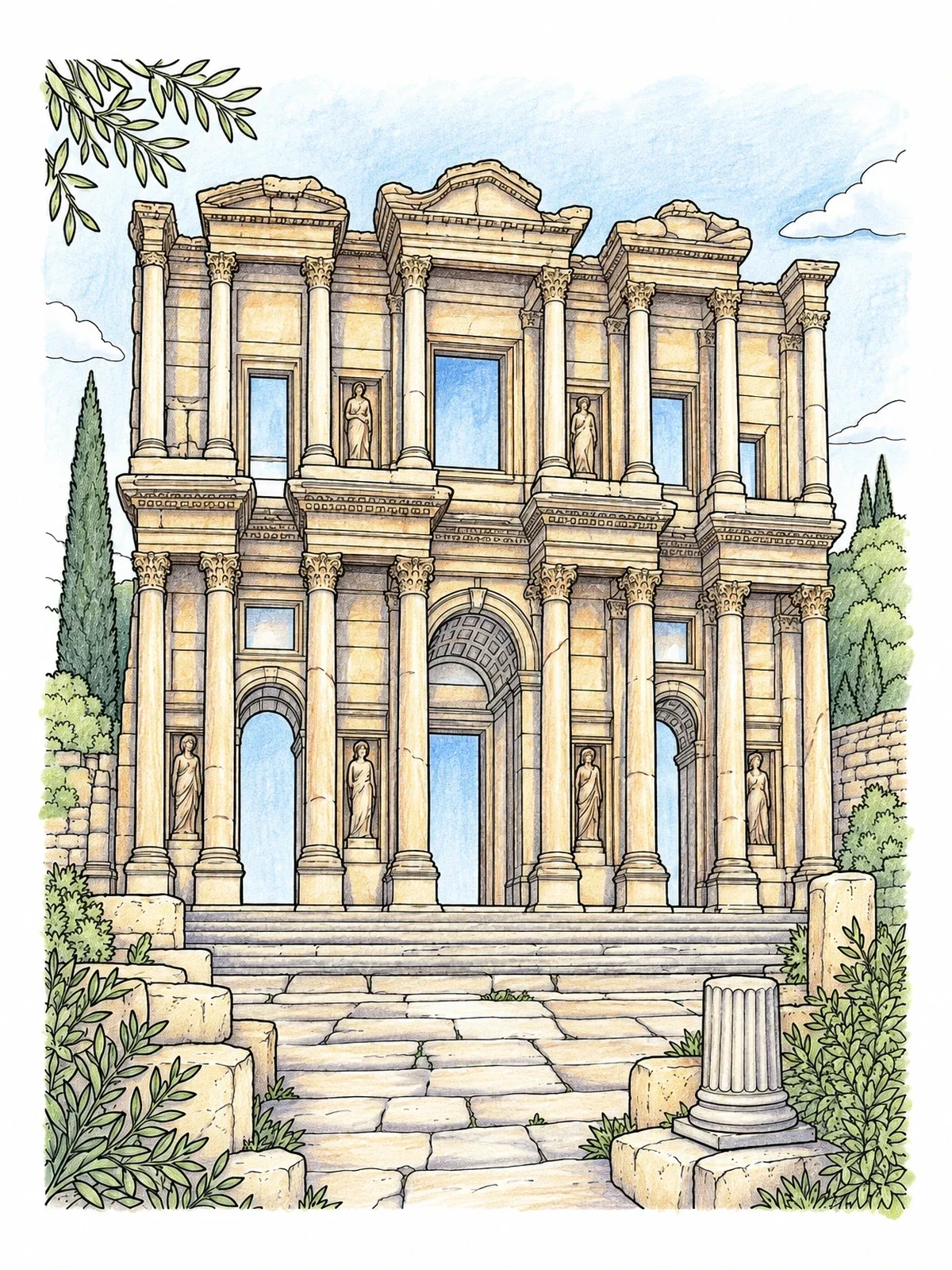 Colored example of the Library Of Celsus In Ephesus coloring page