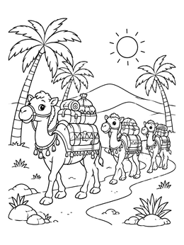 Free printable Desert Camel Caravan Journey coloring page