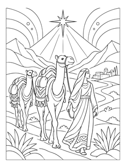 A peaceful desert caravan under a radiant star on this epiphany coloring page.