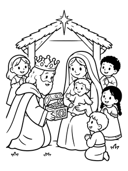 A kind king presents a treasure chest in this epiphany coloring page with Mary and children.