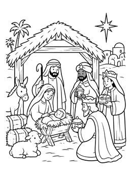 Free printable Nativity Scene With Three Kings coloring page