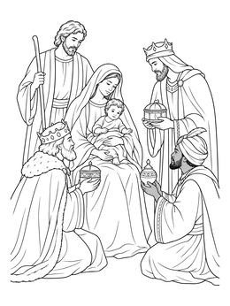 Detailed epiphany coloring page depicting the Three Wise Men presenting gifts to the infant Jesus.