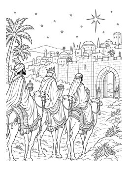 Three kings on camels outside city gates on this Epiphany coloring page under the star.